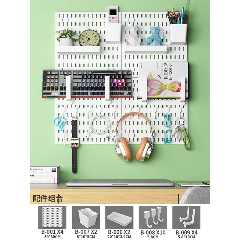 Home Office Pegboard Wall Storage Panel, PP Plastic Hole Board with Multi Hooks Shelf for Study Desk Stationery, Black White