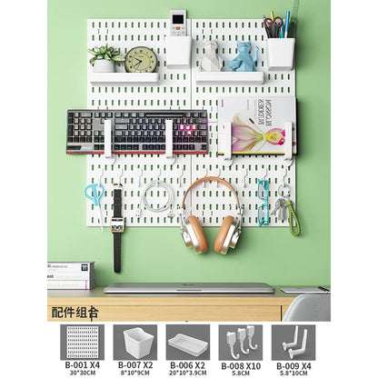 Home Office Pegboard Wall Storage Panel, PP Plastic Hole Board with Multi Hooks Shelf for Study Desk Stationery, Black White 
