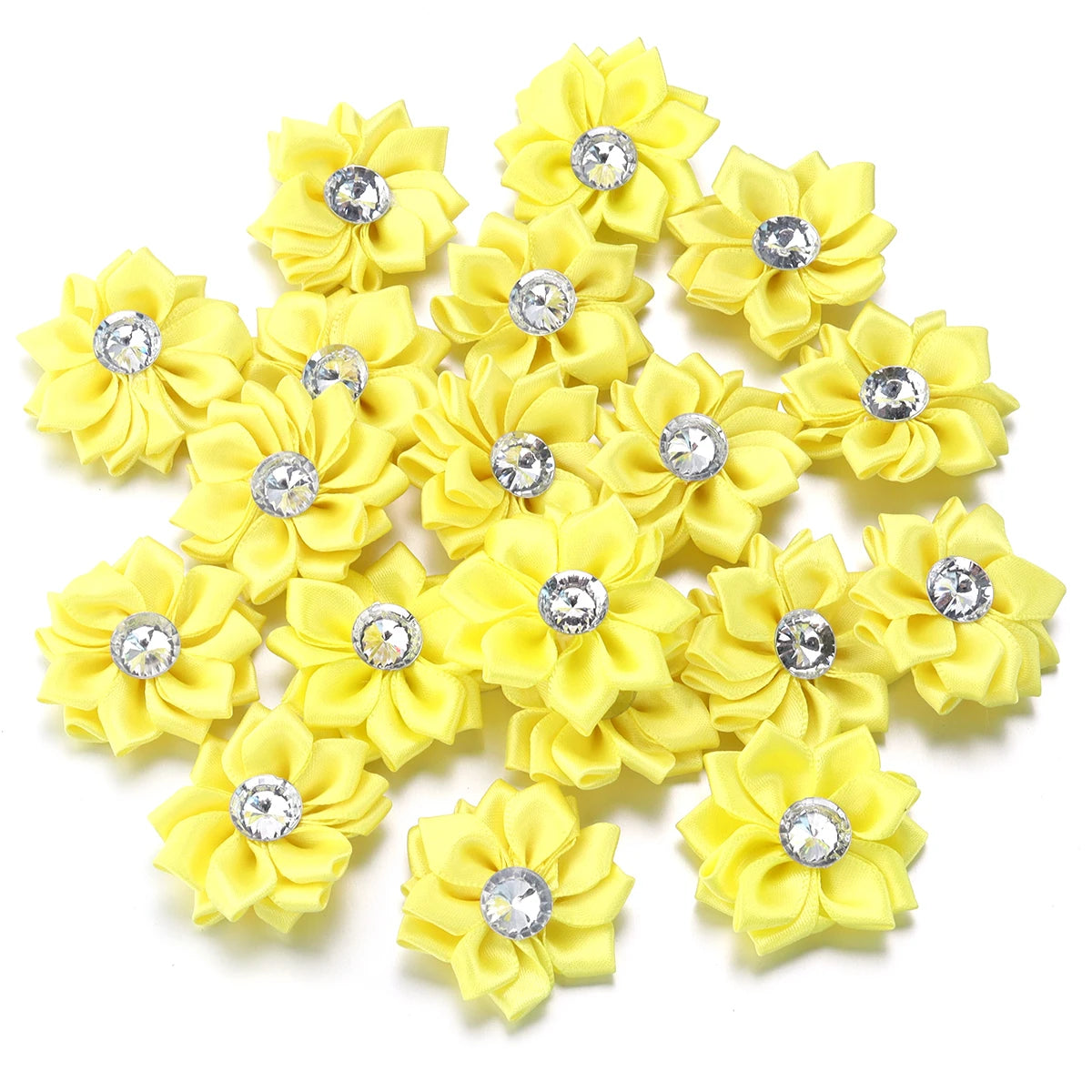 20pcs/lot 40mm Mini Inlaid Rhinestones Small Handmade DIY Satin Ribbon Flowers Head Decorate Clothing Supplies Accessories - 