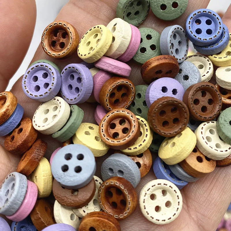 50pcs 10mm 4hole Mini Color Kids Buttons Wood Buttons Clothing Wedding Decoration Sewing Accessories