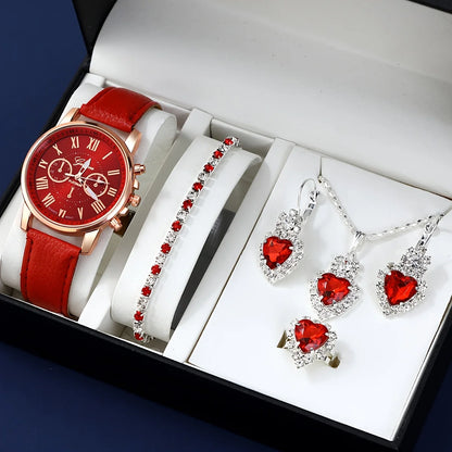 Fashion Quartz Watch and Jewelry Set, Shock Resistant Circular Analog Digital Display, PU Leather Strap, Zinc Alloy Case - 5