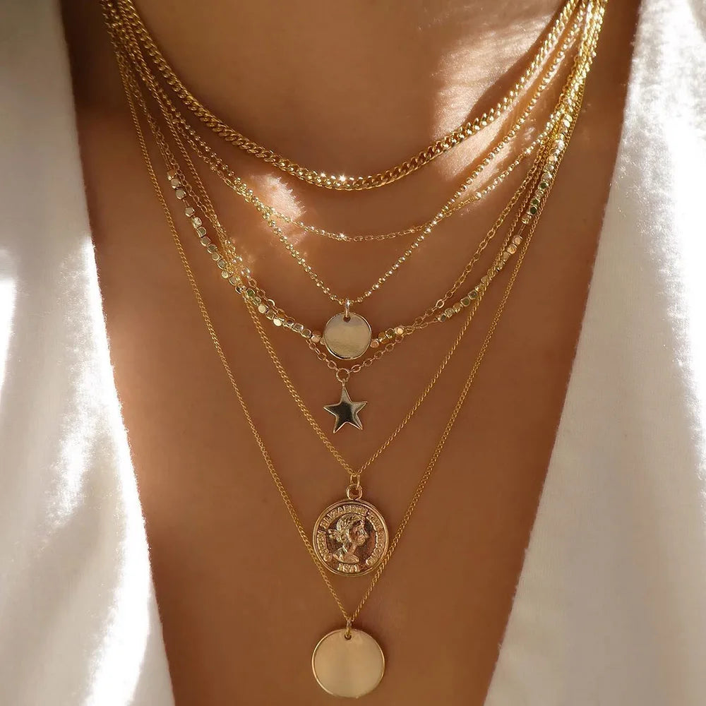 Vintage Gold Color Multiple Styles Necklace For Women Trendy Multi-Layer Disc Pendant Necklaces New Tendyaces Set Jewelry Gif