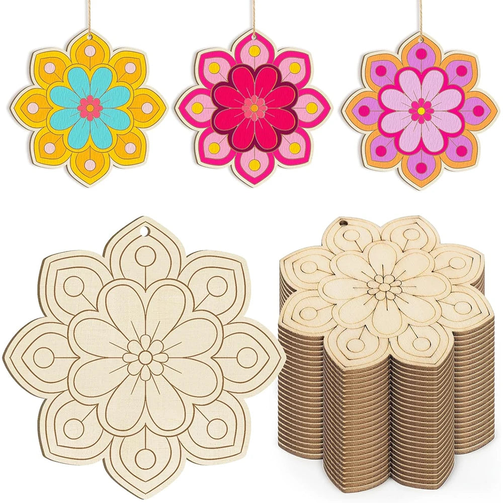 10pcs Wooden Flower Ornaments Unfinished Wooden Slices with Hole Wooden Blank Christmas Hanging Ornaments for DIY Crafts - Fl