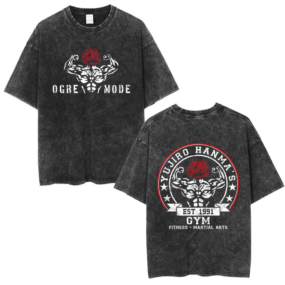 Vintage Washed T Shirt Anime Baki The Grappler T-shirt Hanma Yujiro Gym Short Sleeve T-shirts Oversized Cotton Casual Tee Shi