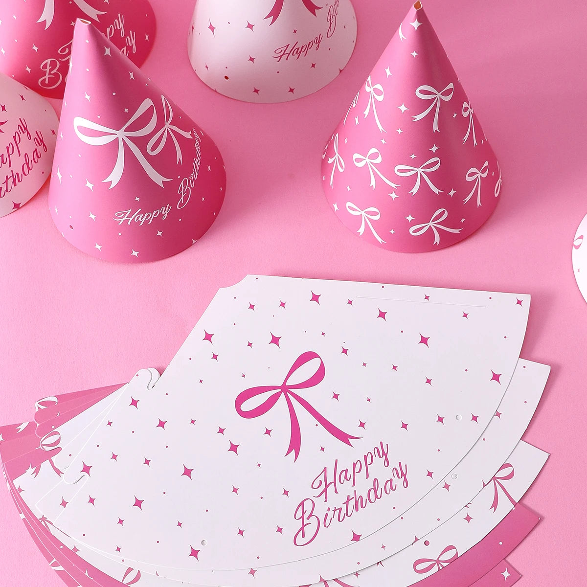 6 Pink Bow-Themed Party Paper Hats, Cute and Beautiful Pink Bow Designs, Suitable for Birthday Parties, Gender Reveal Parties