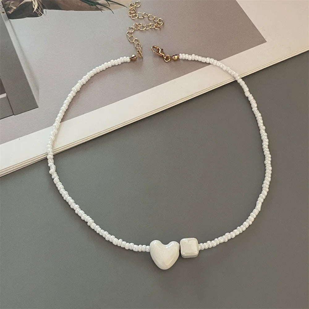 Cute Romantic Geometric Choker Necklace for Women Girl New Trendy Gift Necklace Seed Beads Fashion Jewelry - A