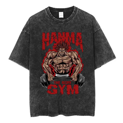 Vintage Washed T Shirt Anime Baki The Grappler T-shirt Hanma Yujiro Gym Short Sleeve T-shirts Oversized Cotton Casual Tee Shi
