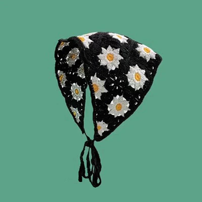 Korean Sweet Cute Handmade Crochet Hollow Triangle Headband Towel For Women Girls Flower Headscarf Hair Accessories - 3