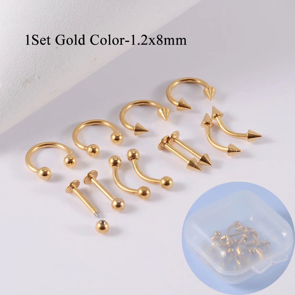 12pcs/Set Surgical Steel Silver Color Gold Plated Black Rainbow Ear Nose Eyebrow Labret Basic Piercing Jewelry Set 8mm - Gold