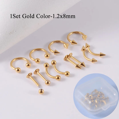 12pcs/Set Surgical Steel Silver Color Gold Plated Black Rainbow Ear Nose Eyebrow Labret Basic Piercing Jewelry Set 8mm - Gold