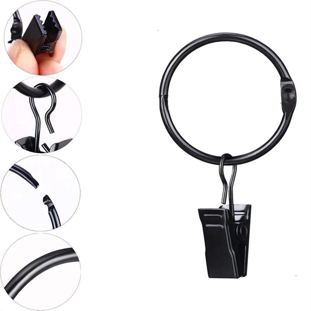 12Pcs Curtain Rings with Clips Metal Curtain Hooks Hangers Black Drapery Clips with Rings Curtain Accessories
