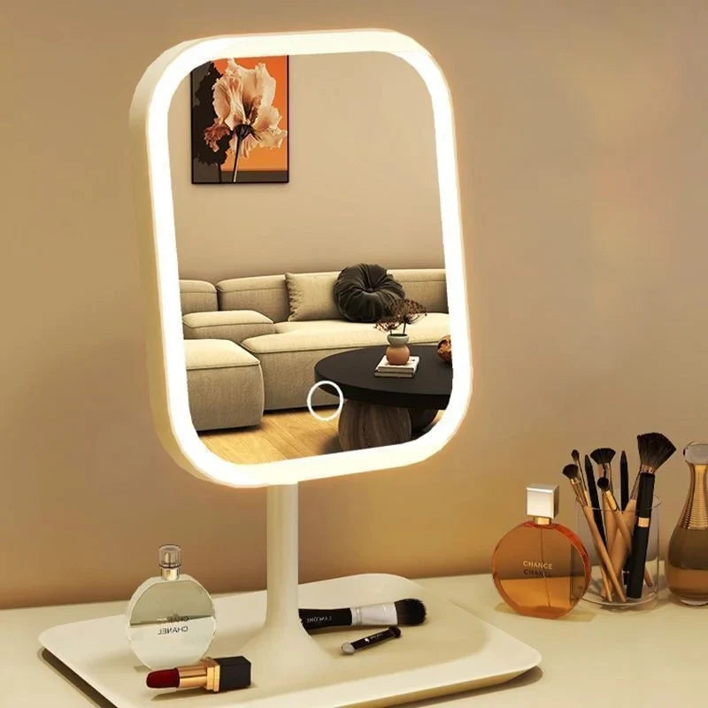New 1Pc LED Modern Desktop Vanity Mirror, Portable 3 Color Light LED Makeup Mirror Touching Mirror Women Bedroom Dressing Mir