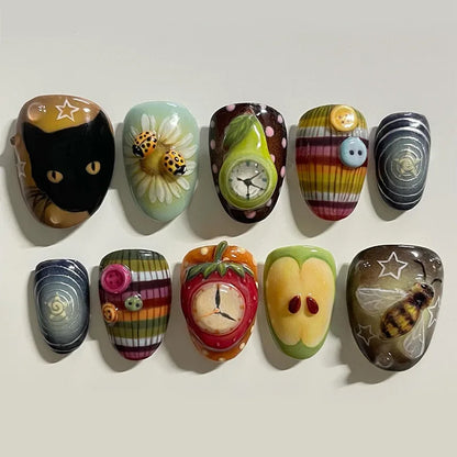 24pcs Long Almond Press on Nails Anime Pattern Full Cover Nail Tips Ornament for Girls Colorful False Nails Wearable Fake Nai
