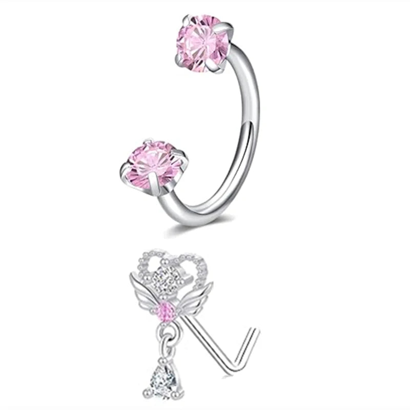 6/2pcs Horseshoe Nose Rings With L-Shape Nose Stud, Stainless Steel Rianbow CZ Nose Ring,, Lip Eyebrow Helix Ear Piercing - 2