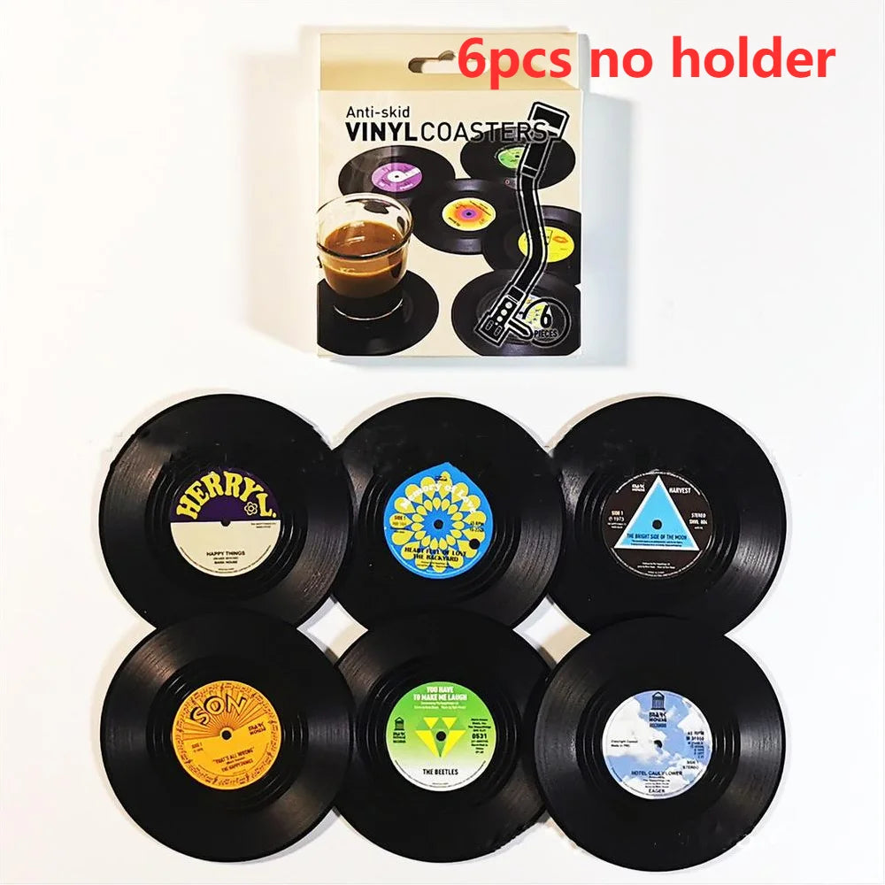 Set of 6 Vinyl Coasters for Drinks Music Coasters with Vinyl Record Player Holder Retro Record Disk Coaster Mug Pad Mat Creat