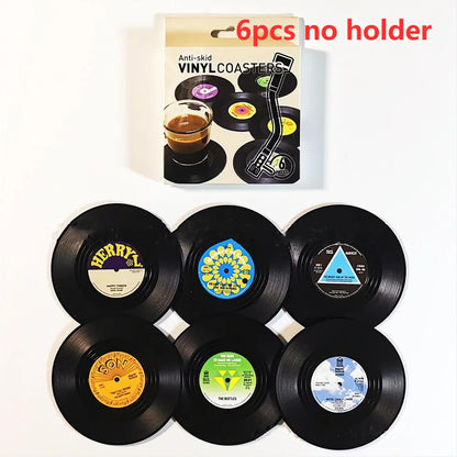 Set of 6 Vinyl Coasters for Drinks Music Coasters with Vinyl Record Player Holder Retro Record Disk Coaster Mug Pad Mat Creat