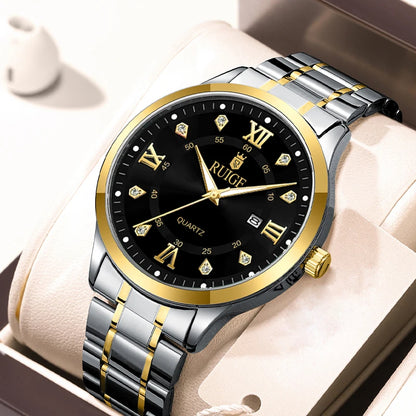 RUIGE Fashion Men's Watch Roman Scale Minimalist Men's Famous Watch Night Glow Waterproof Trendy Watch - Gold Black