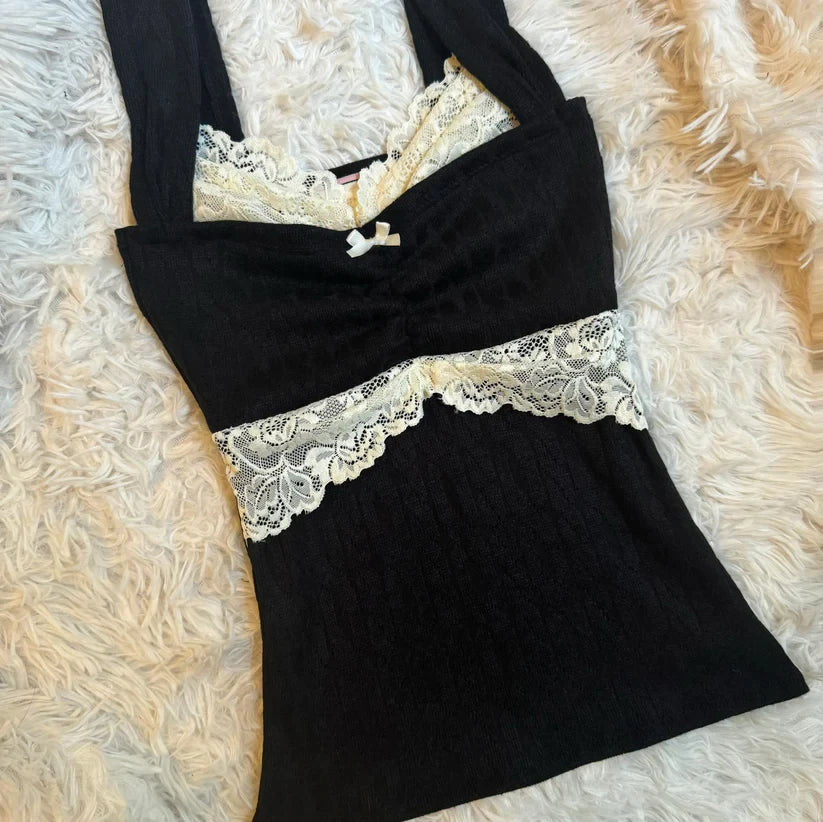 Summer Lace Patchwork Coquette T-shirt Ribbed Knit Slim Fit Milkmaid Tees Women Short Sleeve Y2k Grunge Crop Tops Aesthetic -