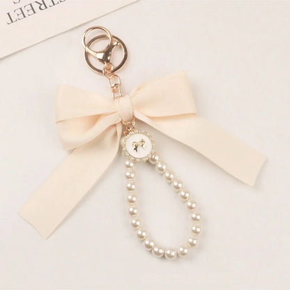 Keychain with Bow, Large Bow Tie, Carrying Bag for Hanging, Ornament, Bag Decorations, DIY Headphone Case, Accessories - WHIT