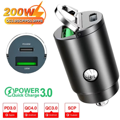 100W/200W QC3.0 PD Mini Car Charger 12-24V Lighter Fast Charging Car USB Type C Charger for Xiaomi Samsung Huawei iPhone Powe
