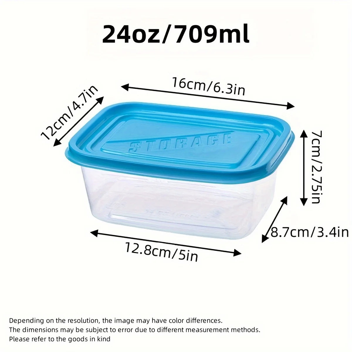 A Set of 6 Transparent Stackable Plastic Food Storage Containers with Blue Lids and Measurement Markings—Reusable, Dishwasher
