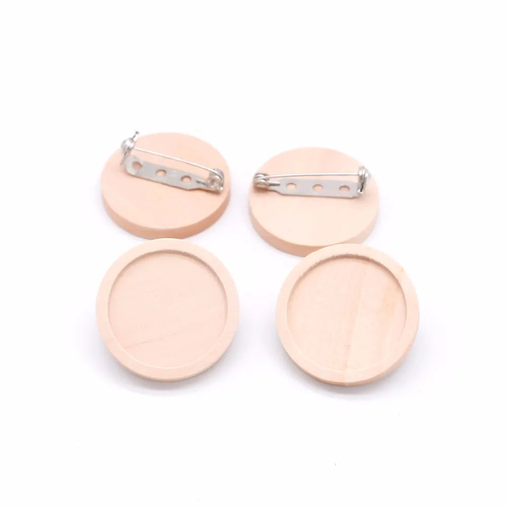 10pcs/lot Blank Wood Cabochon Brooch Base Settings 20 25 30 40mm Dia Round Bezel Tray Diy Brooches Pin Backs for Jewelry Maki