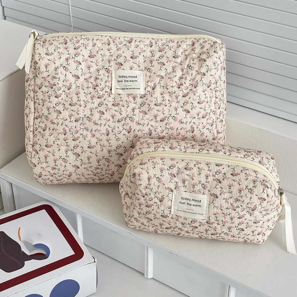 Vintage Women Floral Print Cosmetic Pouch Handbag Travel Orgainzer Make Up Storage Bag Large Capacity Quilted Bag For Gift