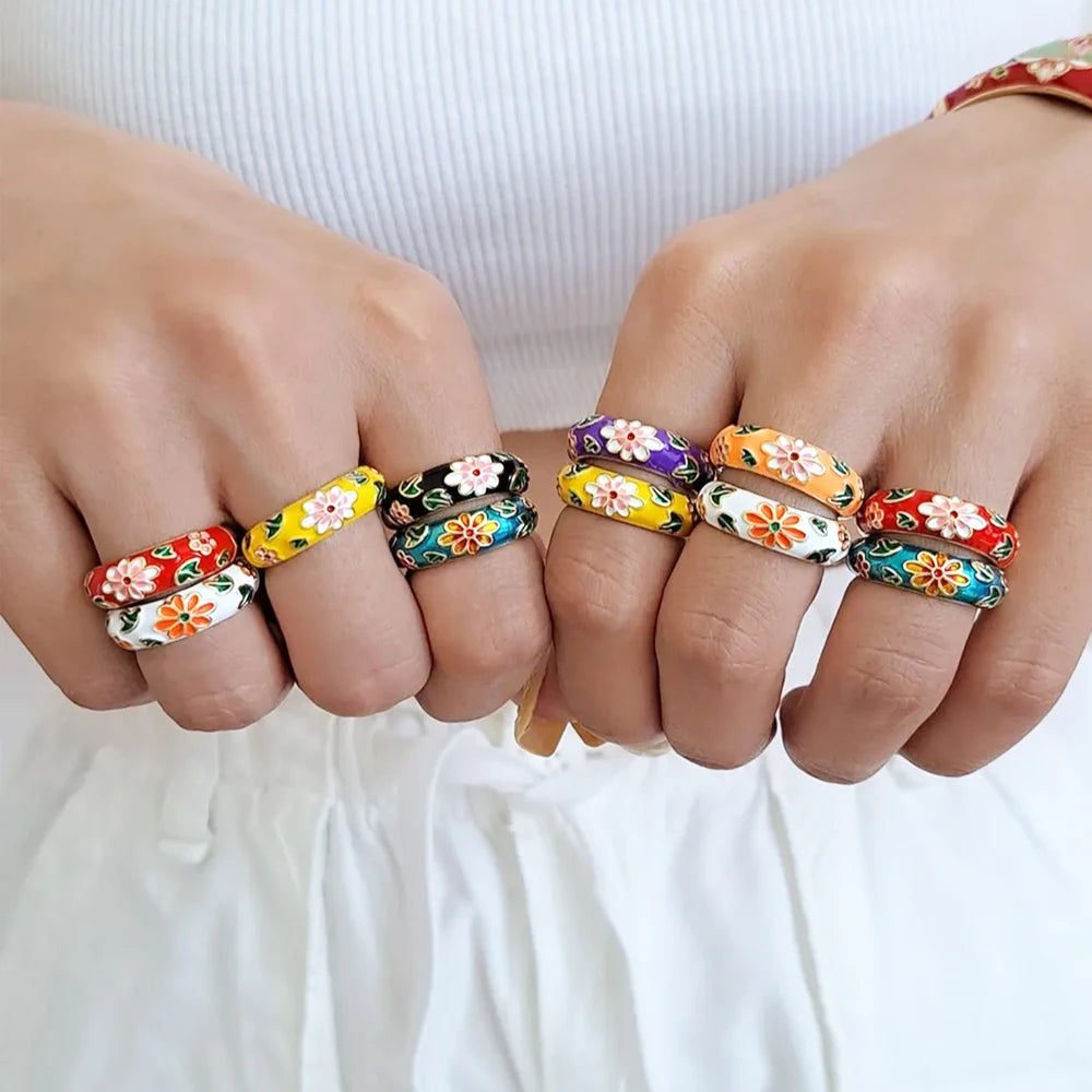 Vintage Colorful Enamel Flower Rings Trendy Geometric Female Minimalist Flower For Ladies Wedding Party Engagement Jewelry Gi