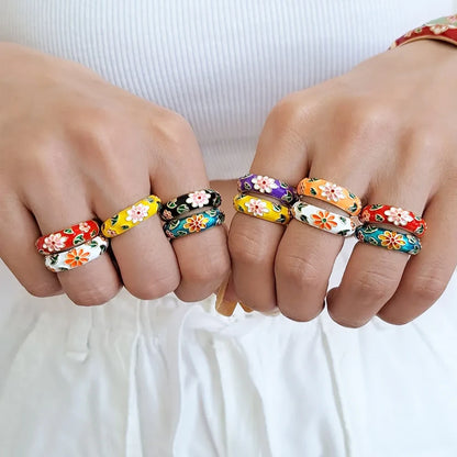 Vintage Colorful Enamel Flower Rings Trendy Geometric Female Minimalist Flower For Ladies Wedding Party Engagement Jewelry Gi