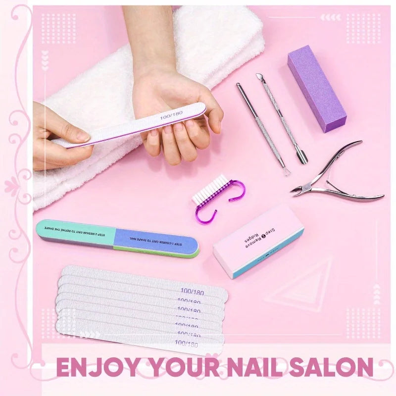 10/15pcs Professional Nail Art Kit with 100/180 Grit Files,Buffer Sponge,Brush,Scissors,Cuticle Nippers Pushers Gel Polish To