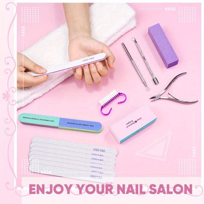 10/15pcs Professional Nail Art Kit with 100/180 Grit Files,Buffer Sponge,Brush,Scissors,Cuticle Nippers Pushers Gel Polish To