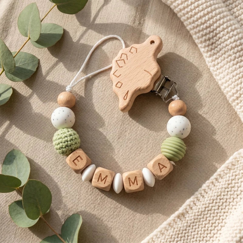 Personalized Pacifier Clip Custom Name Silicone Wooden Beads Baby Teether Chain Soother Holder BPA Free Newborn Baby Shower G