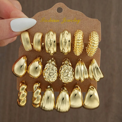18Pcs/Set Vintage Punk Waterdrop Hoop Earring for Women Fashion Gold Silver Color Exaggerated CCB Earring Daily Wear Jewelry 
