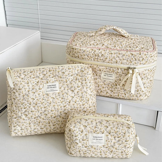 Vintage Women Floral Print Cosmetic Pouch Handbag Travel Orgainzer Make Up Storage Bag Large Capacity Quilted Bag