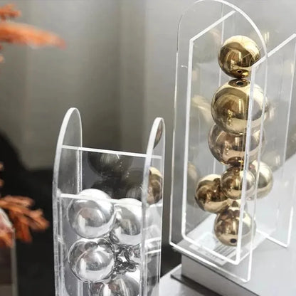 Abstract Art Metal Ball Square Transparent Box Acrylic Container Model Ornament Desk Decoration Ornaments Sphericity Crafts