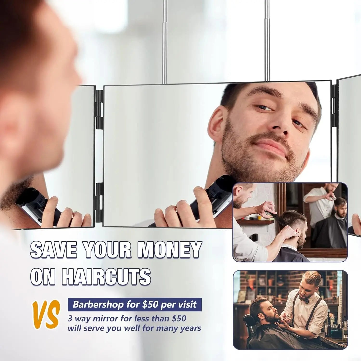Travel Portable 360° Trifold Vanity Makeup Mirror with Height Adjustable Telescoping Hook for Hair Self Cutting, Shaving, Gif