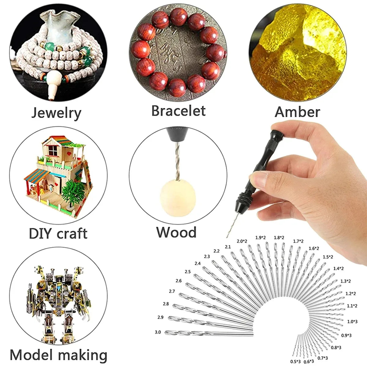 49pcs 0.2-3.4mm Hand Drill Set Mini Aluminum Hand Drill Bit Jewelry Craft Hand Manual Drill Woodworking Tools Drill Bit