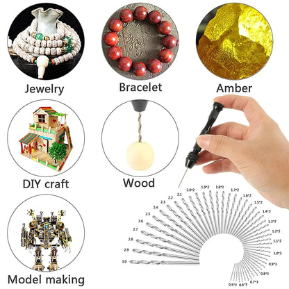 49pcs 0.2-3.4mm Hand Drill Set Mini Aluminum Hand Drill Bit Jewelry Craft Hand Manual Drill Woodworking Tools Drill Bit