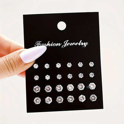 12/24/36 Pairs Shiny Zircon Stud Earrings Set for Women Men Daily Versatile Chic Silver Color Crystal Ear Jewelry Accessories