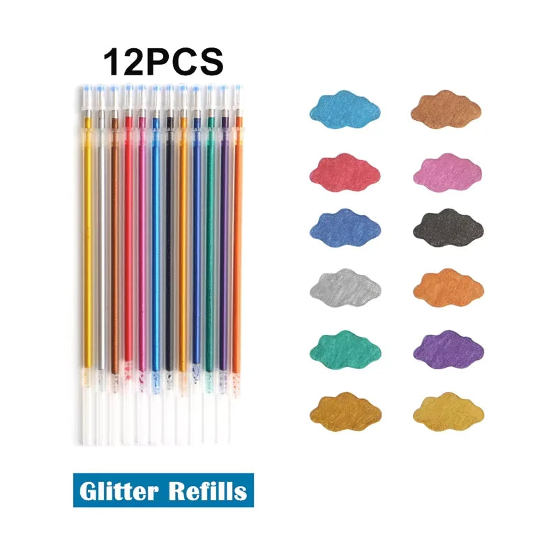 12/24Pcs Metallic Glitter Colors Gel Pens & Pen Refills For School Office Adult Coloring Book Journals Drawing Art Markers - 
