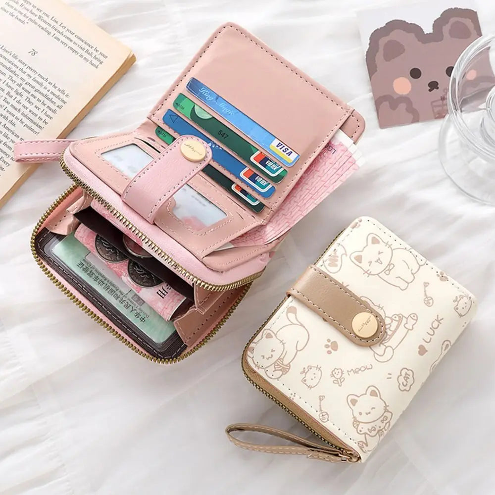 Cute Cat Coin Purse Women Fashion Short Wallet PU Leather Large Capacity Wallet Lightweight ID Card Holder Travel Cash Coin B
