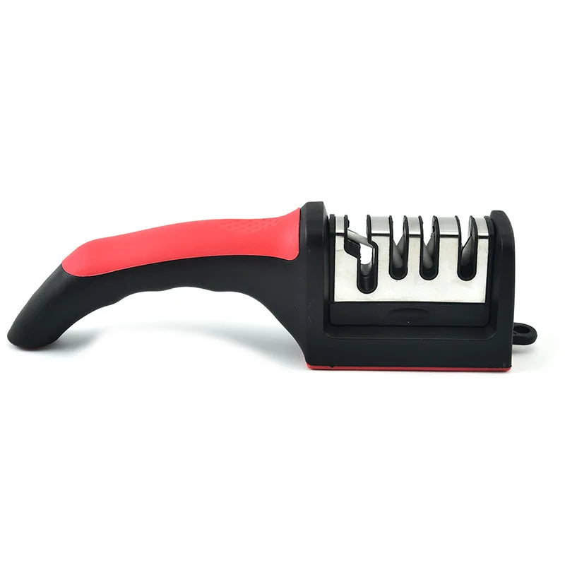 Kitchen 4Segment Knife Sharpener Household Multi-Functional Hand-Held Three-Purpose Black Sharpening Stone - Red