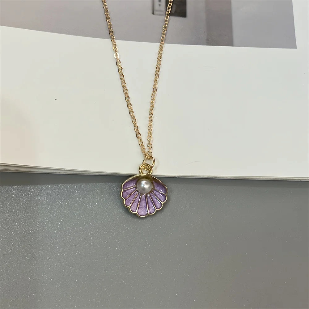 Colorful Shell Pendant Necklace Imitation Pearl Fashion Women Neck Jewelry Golden Color Link Chain Jewelry