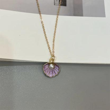 Colorful Shell Pendant Necklace Imitation Pearl Fashion Women Neck Jewelry Golden Color Link Chain Jewelry - C