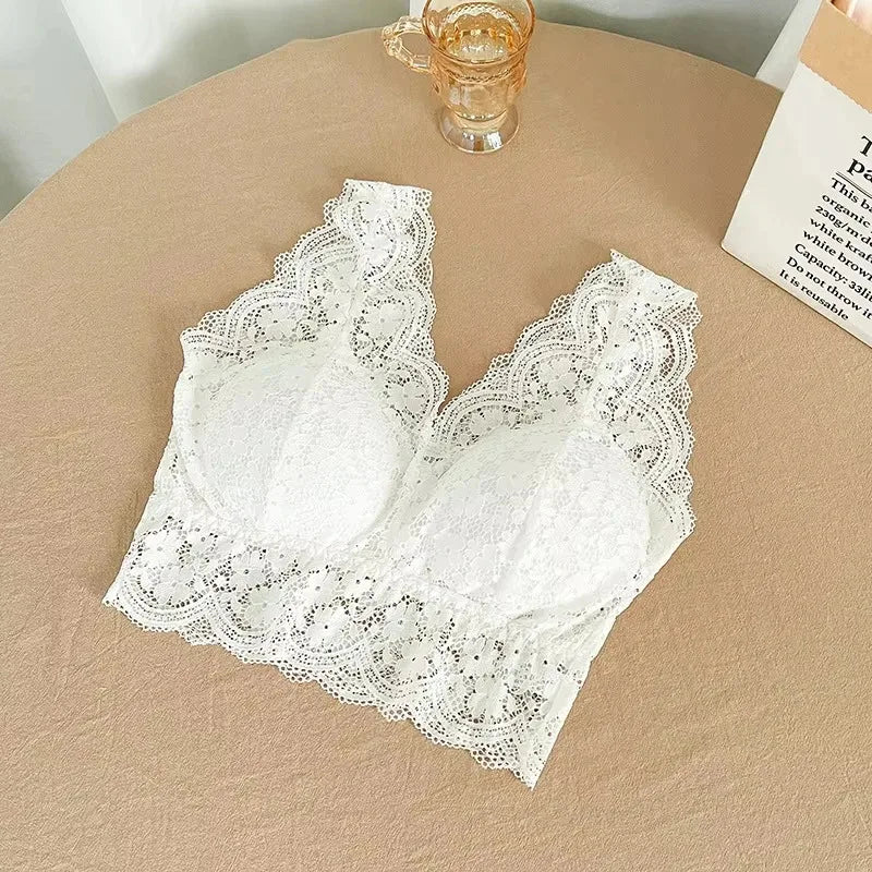 Lace Bras Top Women Deep V Neck Sexy Lingerie Wire Free Bra Tank Tops Female Underwear V Back Bralette Padded Camisole - Whit