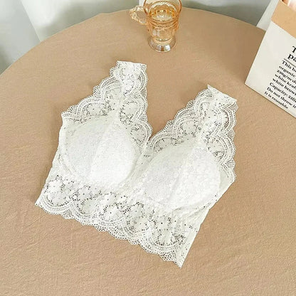 Lace Bras Top Women Deep V Neck Sexy Lingerie Wire Free Bra Tank Tops Female Underwear V Back Bralette Padded Camisole - Whit