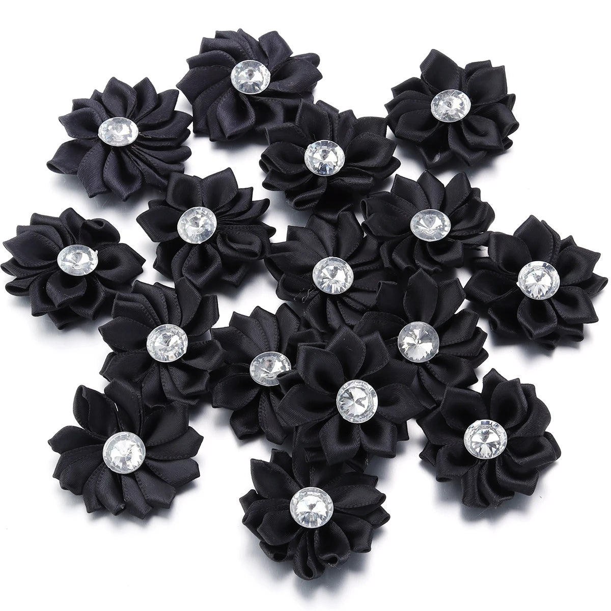 20pcs/lot 40mm Mini Inlaid Rhinestones Small Handmade DIY Satin Ribbon Flowers Head Decorate Clothing Supplies Accessories