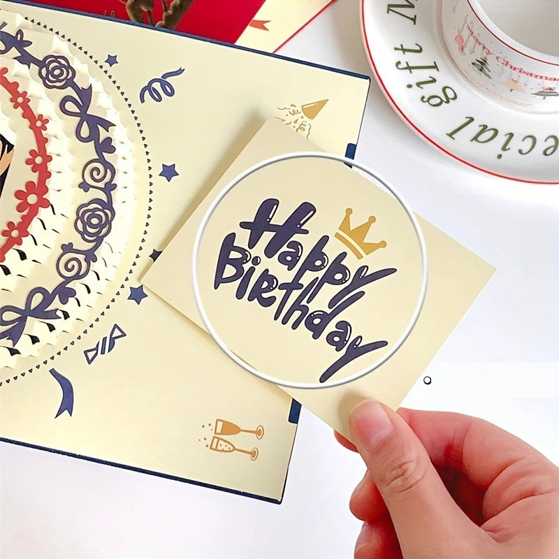 3D Happy Birthday Card Christmas Gift Card Birthday Cake Pop-Up Greeting with Envelope Christmas Invitation Cards