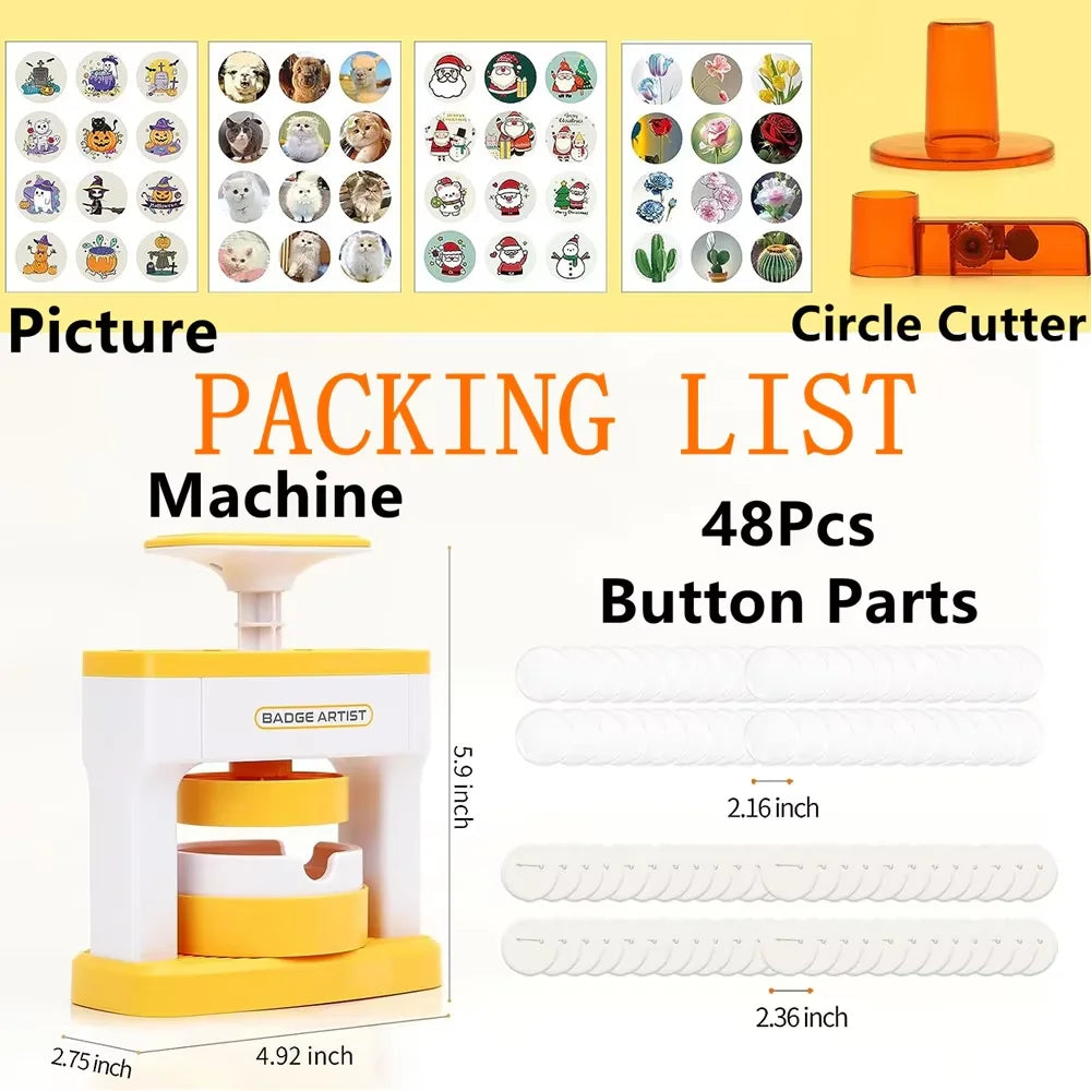 Kid Gift Badge Button Maker Machine Set, DIY Pin Button Press Badges Maker Machine with 48Pcs Button Parts+Picture+Circle Cut