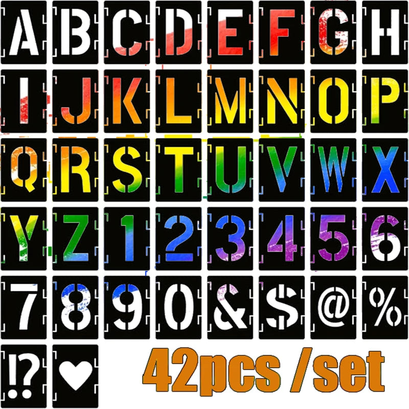 42 pieces of letter hollow templates, reusable artistic fonts, coloring, spray painting. Suitable for walls, wood, rock fabri